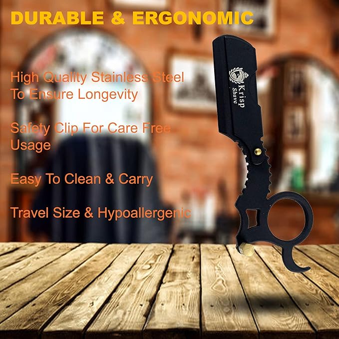 Professional Straight Razors For Men, Barber Razors Straight Edge Razor Kit For Close Shaving - Beard Cut Throat Finger Razor Safety Shavette With 10 Shaving Blades By Krisp Beauty (Black)