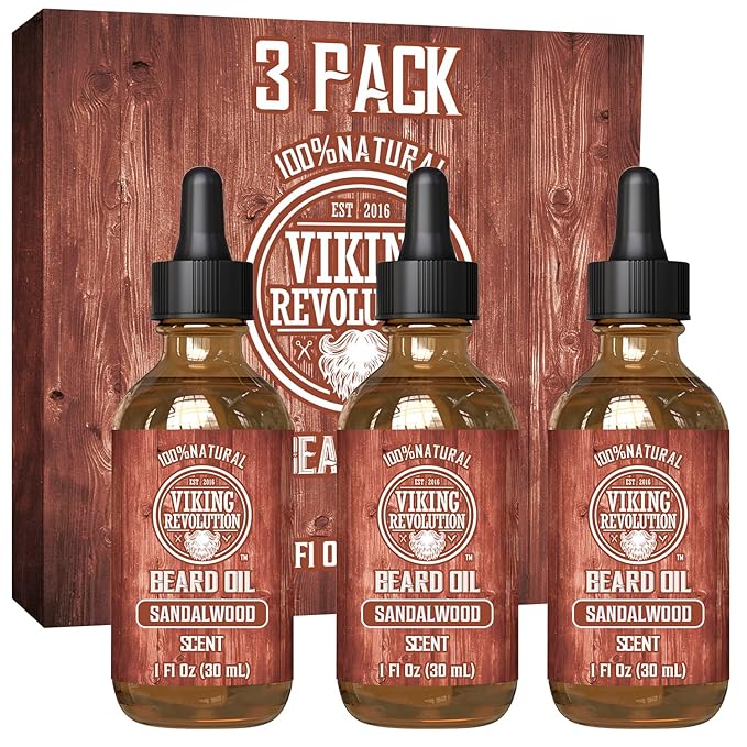 Viking Revolution Sandalwood Beard Oil for Men - Natural Mens Beard Oil with Argan Oil and Jojoba Oil - Beard Softener, Strengthens and Moisturizes - Beard Conditioner for Men (Sandalwood, 3 Pack)