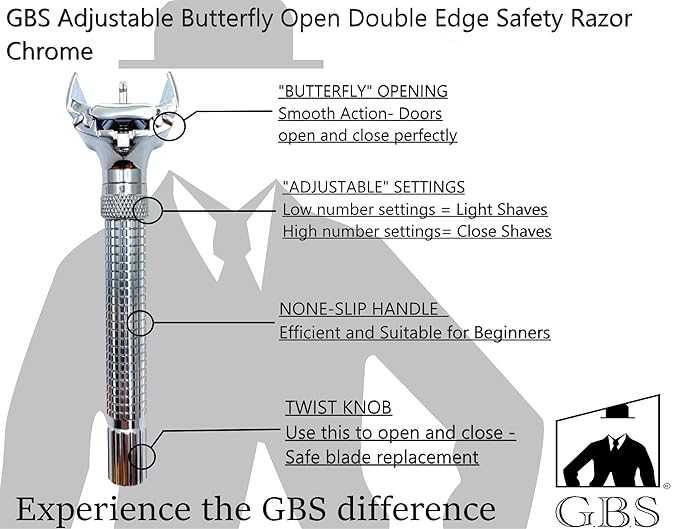 G.B.S Premium Men’s Shaving Grooming Set, Adjustable Butterfly Open Double Edge Safety Razor, Pure Badger Shaving Brush, Chrome Brush and Razor Stand