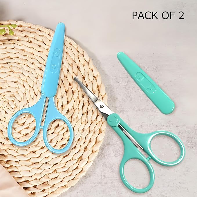 2-Pack Eyebrow Scissors, Precision Small Scissors for Facial, Nose, Eyebrow, Mustache, and Beard Hair Trimming & Grooming, Safety Edge, Long Cap (Blue and Green).
