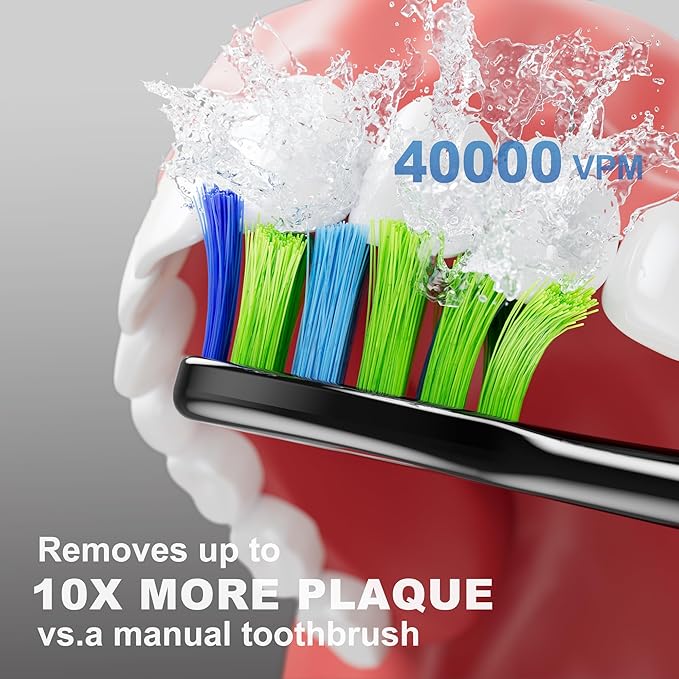 7AM2M Sonic Electric Toothbrush for Adults and Kids, 40000VPM Power Toothbrushes, Fast Rechargeable with 4 Brush Heads, 5 Modes, 2 Minutes Built in Smart Timer, One Charge for 60 Days (Black)