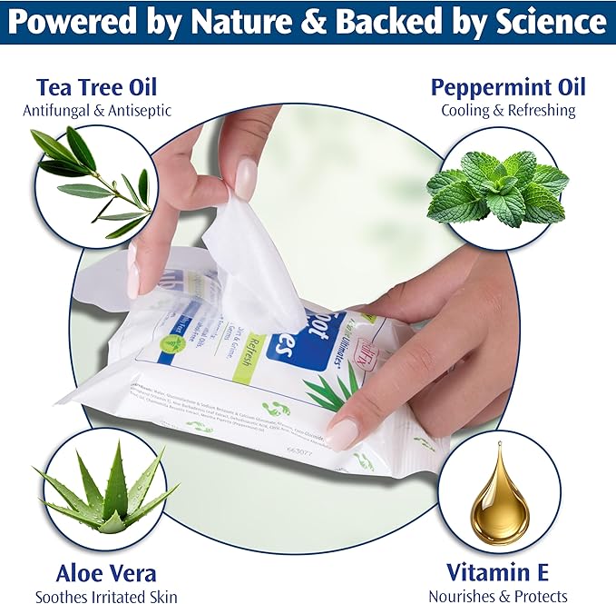 PediFix Tea Tree Ultimates Foot Wipes – Natural Deodorizing & Cleansing with Tea Tree Oil, Peppermint & Aloe Vera for Odor & Sweat Relief