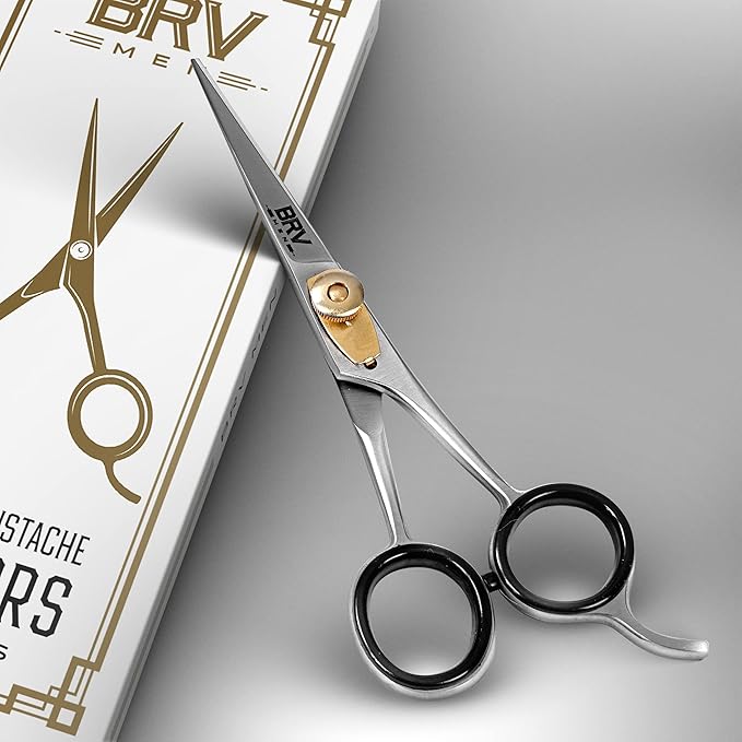 BRV MEN Beard & Mustache Scissors - 5" - High Carbon Stainless Steel - Razor Sharp Facial Hair Trimming Shears - RIGHT HANDED, Silver