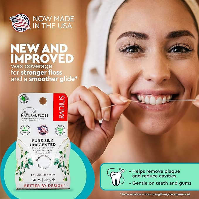 RADIUS Dental Floss, Natural Floss, Unscented Silk, 33 Yards, Compostable & Non-Toxic Oral Care Designed to Help Fight Plaque, Pack of 3