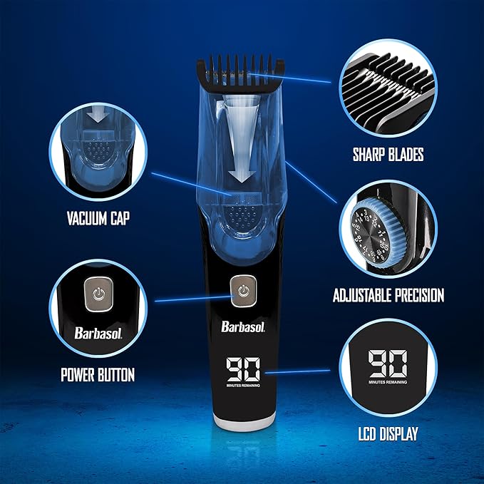 Barbasol Vacuum Beard Trimmer for Men, Self-Vacuuming Hair, Beard, Sideburns & Mustache Trimmer with 20 Length Settings, Rechargeable, LED Screen, 90 Minute Run Time
