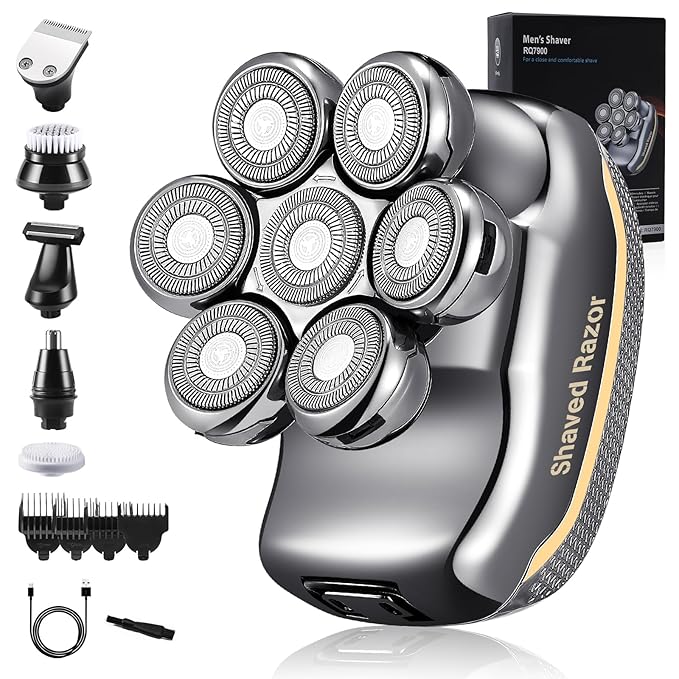 Head Shavers for Bald Men: - Electric Head Shavers for Men Wet&Dry Waterproof Cordless Electric Razor, 6-in-1 Rotary Shaver Grooming Kit with Nose Beard Trimmer Hair Clipper