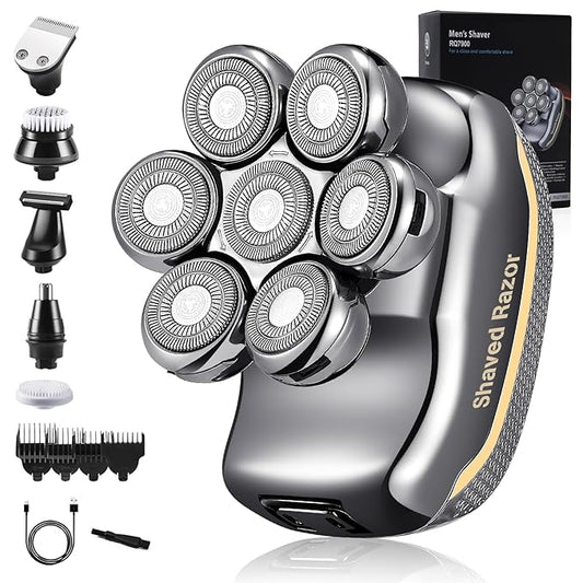 Head Shavers for Bald Men: - Electric Head Shavers for Men Wet&Dry Waterproof Cordless Electric Razor, 6-in-1 Rotary Shaver Grooming Kit with Nose Beard Trimmer Hair Clipper