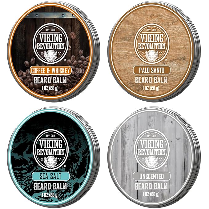 Viking Revolution 4 Beard Balm Variety Pack (1oz Each) – Coffee & Whiskey, Palo Santo, Sea Salt and Unscented – Styles, Strengthens & Softens Beards & Mustaches – Leave-In Conditioner Wax for Men