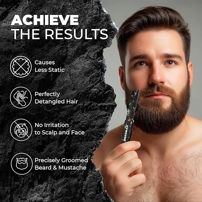 Bossman Acetate Folding Comb for Men – 3.5-Inch Travel Mustache & Beard Comb, Portable Pocket Hair Tool