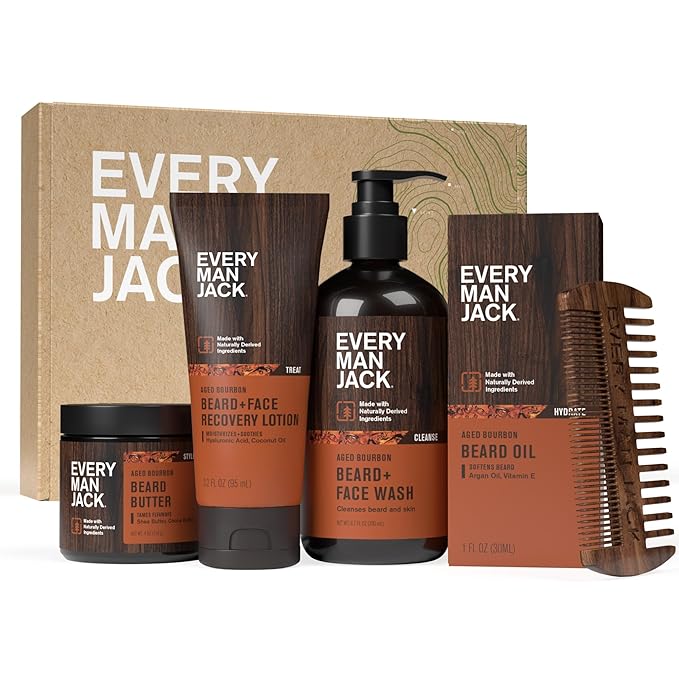 Every Man Jack Beard Essentials Gift Set for Men – Complete Routine with 5 Full-Size Essentials – Aged Bourbon Scent - Beard & Face Wash, Lotion, Oil, Butter & Comb