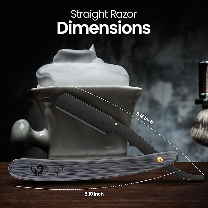 Utopia Care Straight Razors For Men, Professional Barber Straight Edge Razor with 100 Single Edge Blades, Stainless Steel, Beard Shaving Kit For Men, Premium Smooth Natural Wooden Grip, Black