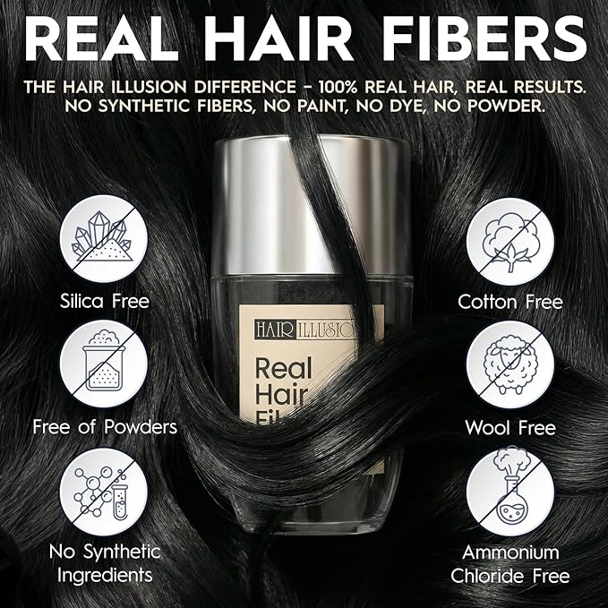 Hair Illusion Black Real Hair Fibers for Thinning Hair - 100% Natural Texture, Non Synthetic Hair Fibers - Bald Spot Cover Up for Women & Men - 18 Gram