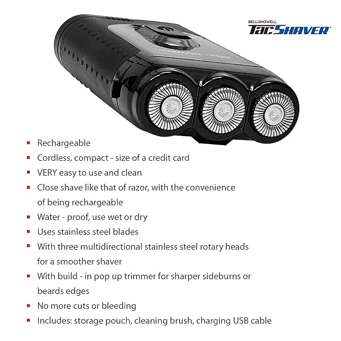 Bell+Howell Tacshaver 3D Rechargeable Rotary Shaver for Men with Pop-up Trimmer for Sideburns, Moustache and Beard, Waterproof, Portable, and Cordless Electric Razor As Seen On TV (Deluxe)