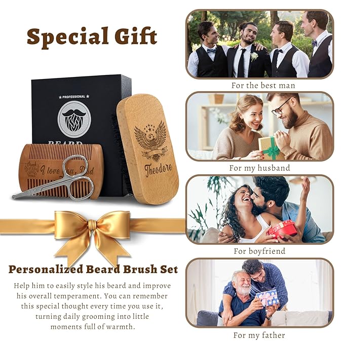 Personalized Beard Brush for Men & Beard Comb Set Natural Boar Bristle Brush and Dual Action Pear Wood Comb with Custom Name Text Icon Gift for Dad Groomsmen Boyfriend (beard comb and brush)