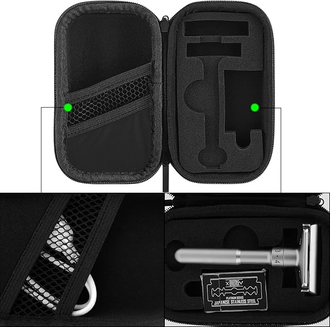 Linkidea Hard Shell Travel Case with Shaving Kit Storage for Short/Long Handled Razor Blades and Attachments - Compatible with Double Edge Safety Razors