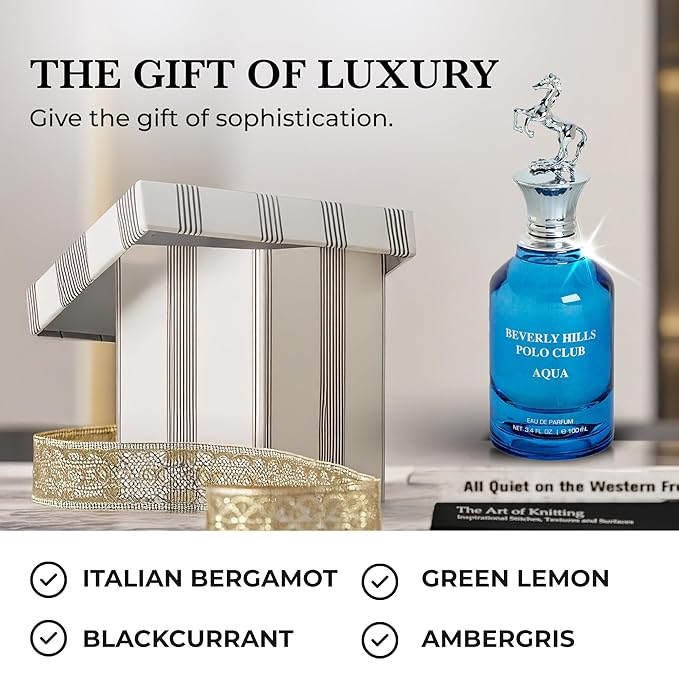 Beverly Hills Polo Club AQUA Eau de Parfum for Men - 3.4 Fl Oz (103.5ml) Long-Lasting Aquatic Fragrance | Sophisticated Scent with Iconic Metal Horse Cap & Premium Cylinder Gift Box