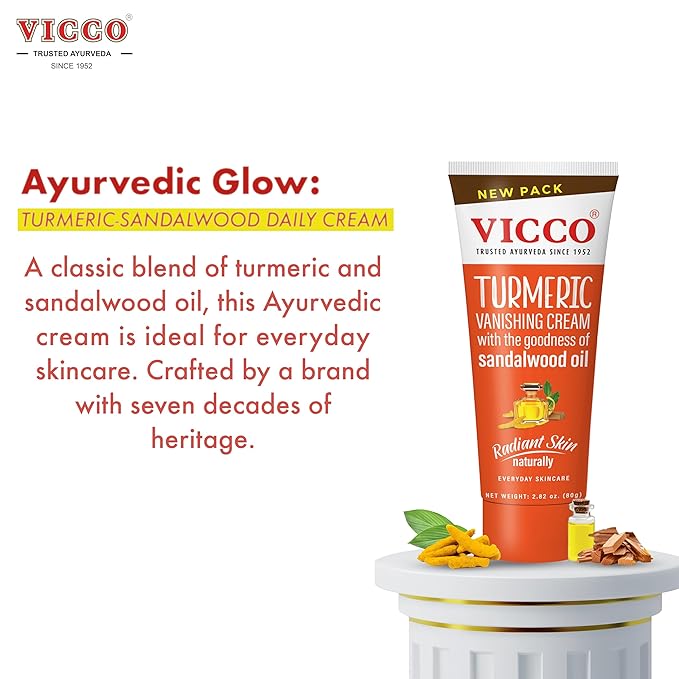 Vicco Turmeric Face Moisturizer Cream, with Sandalwood Oil by Vicco – 70 Year Legacy of Ayurveda, Hydrating with Natural Turmeric for Clear, Radiant Skin, Vegan, 100% Natural - 2.82 oz (3 Pack)