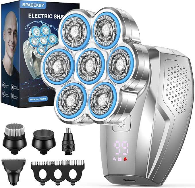 7D Head Shavers for Bald Men, 5-in-1 Magnetic Detachable Head Shaver, IPX7 Waterproof Electric Razor for Wet/Dry Use, Shaving Grooming Kit for Balder, LED Display, Type-C Charge, Silver White