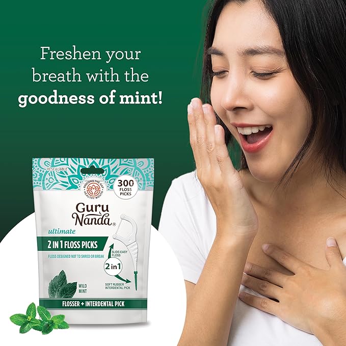 GuruNanda 2 in 1 Dental Floss Picks - Non-Slip Grip Handle, Slide Easy, No Break or Shred Flosser - Complete Oral Care with Interdental Pick for Healthy Teeth & Gums - Mint Flavor, 300 Count (2 Pack)