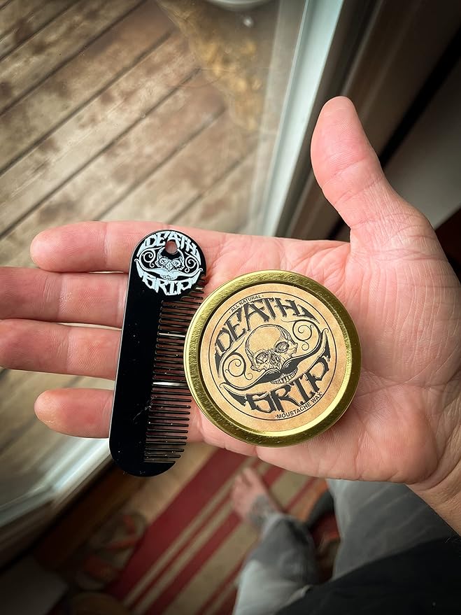 THE VINTAGE GROOMING CO. Death Grip Extra Strong Hold Mustache Wax and Death Grip Mustache Keychain Comb Set