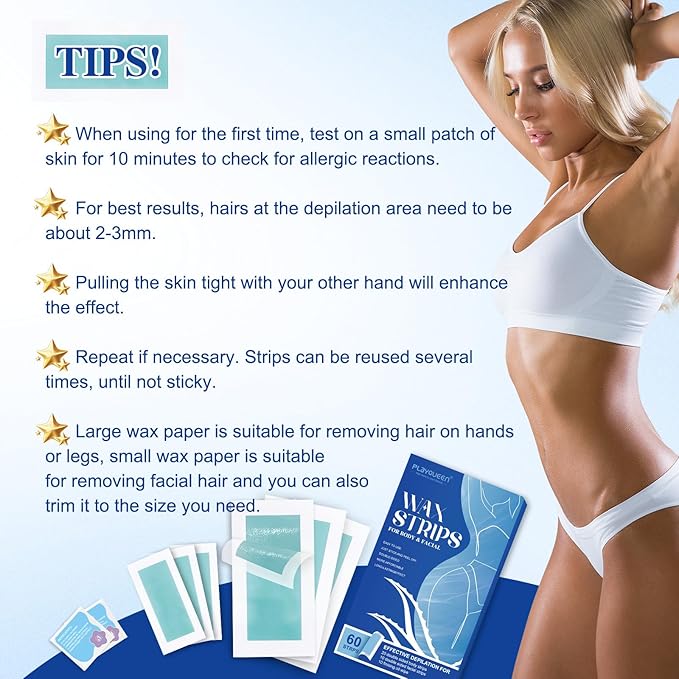 Wax Strips - (60 Count),10 Calming Oil Wipes Hypoallergenic For Hair Removal, For Women and Men, Face Waxing Kit For Women, Body Wax Strips - Brazilian Waxing, Suitable For All Skin Types
