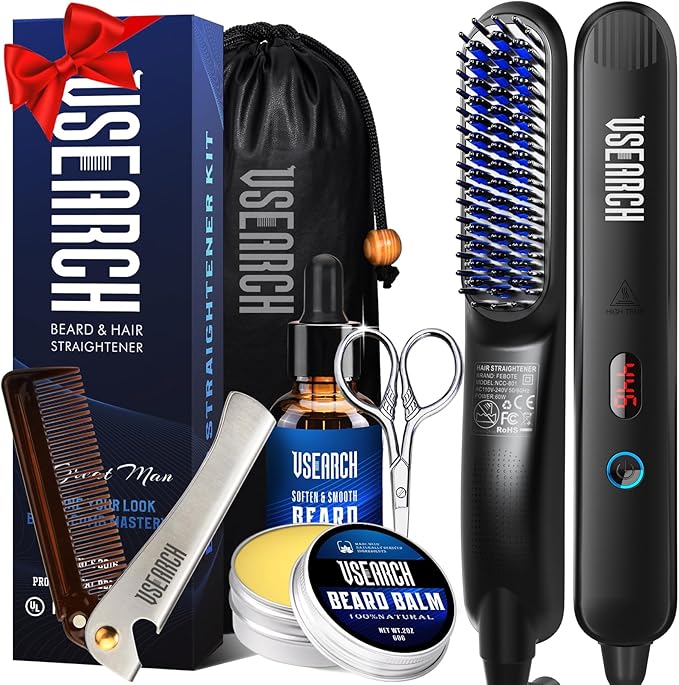 Heated Beard Straightener for Men - 5-Temp Settings & Anti-Scalding Tech, Folding Styling Comb, Compact for Travel, Perfect Grooming Gift for Father's Day, Anniversary & Birthday