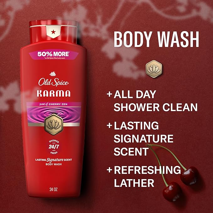 Old Spice Body Wash for Men, 24/7 Shower Fresh & Clean w/Daily Use, Lasting Signature Scent, Refreshing Lather, Moisturizing Formula, Karma with Cherry Spice, Black Pepper, & Sandalwood Scent, 24 oz
