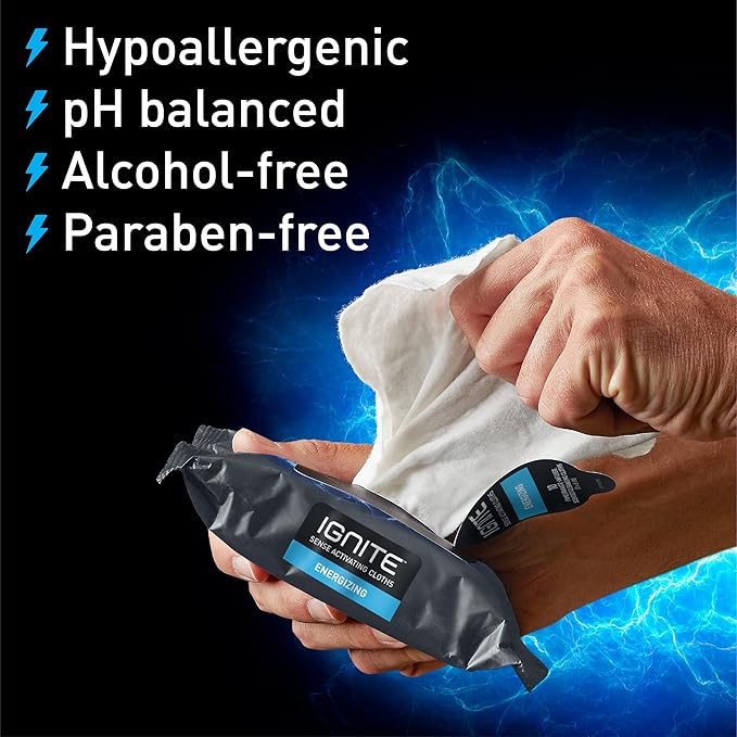Ignite Mens Body Wet Wipes, Extra Thick 8" x 8" Shower Wipes, Energizing Scent, 10 count