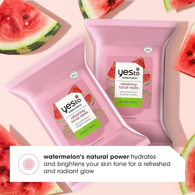 Yes To Face Wipes for Women and Men, Refreshing Facial Cleansing Wipes for use as a Make Up Remover, Cleaning, Soothing, Watermelon (Pack of 2)