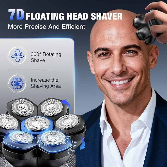 7D Head Shavers for Bald Men - 2026 New Dual Speed Electric Shaver, Bald Head Shaver with Magnetic Shaver Head IPX6 Waterproof Wet/Dry Use Shaving Balding Clipper LED Display Cordless Head Razor Gray