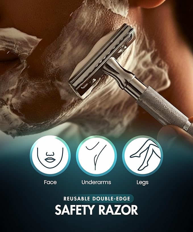 Utopia Care Double Edge Safety Razor for Men & Women with 10 Premium Stainless Steel Blade Refills, Reusable Single Blade Razor, Silver