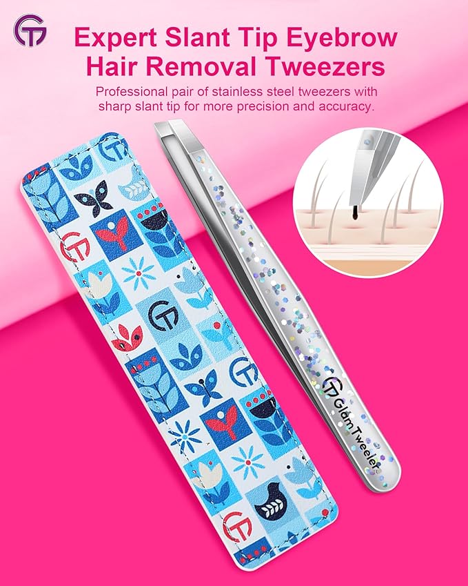 Expert Eyebrow Hair Removal Tweezer with Leather Case, GlamTweeler High Precision Slant Tip Stainless Steel Tweezers for Men and Women (Glitter Silver)