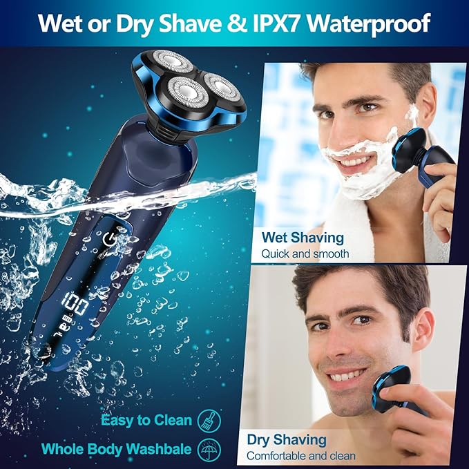 Electric Razor for Men, Electric Shavers for Men Face, Rechargeable 3D Rotary for Shaving with Nose Trimmer Face Cleaning Brush Head Shavers, Waterproof Gifts for Husband,Dad,Boyfriend(Frosted Blue)