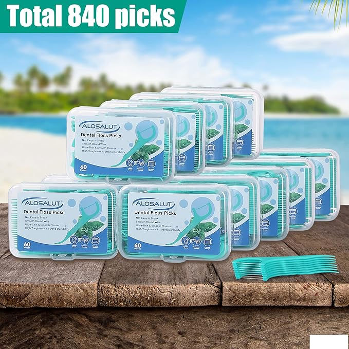 840 Count Dental Floss Picks – Mint Flavored Flossers with Built-in Toothpick for Deep Cleaning – 14 Portable Boxes of 60 – Strong & Smooth Floss Sticks for Family Home Travel for Adults