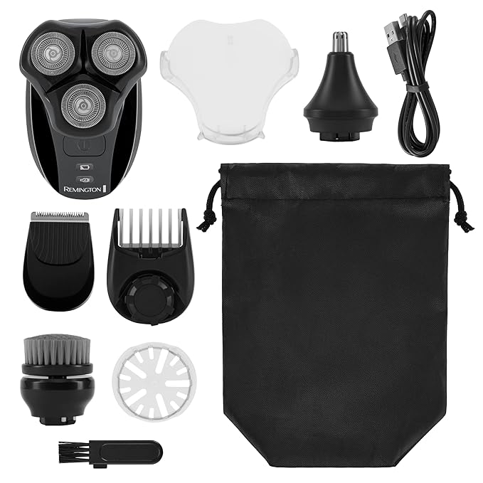 Remington Balder™+ Head Shaver 3 Dual-Track Cutting Heads Multi-Directional Pivot 45 Minute Run Time 100 Percent Waterproof Complete Grooming Kit with Beard Trimmer Nose and Ear Trimmer