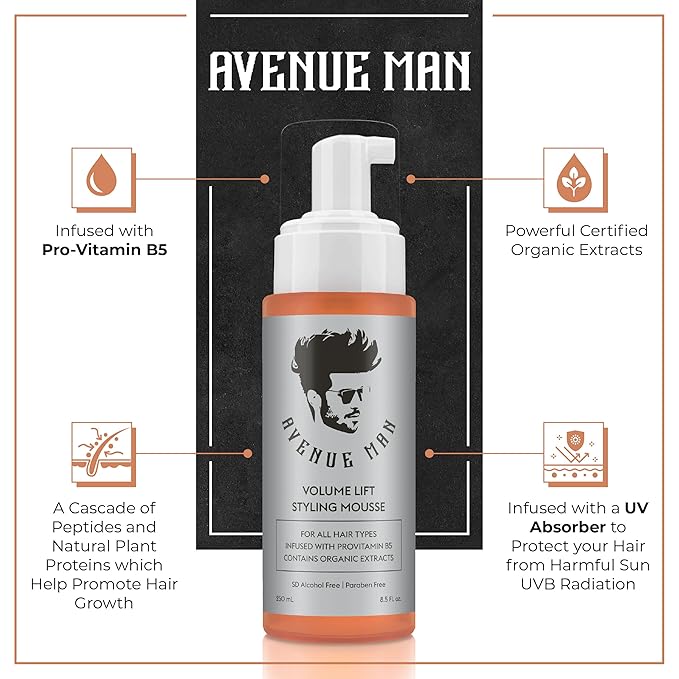 Avenue Man Volume Lift Mousse - 5.07 oz Hair Foam with Argan Oil, Silk Protein & Vitamin E for Strength, Thickness & Control - Hair Mousse for Men for All Hair Types - Alcohol & Paraben Free