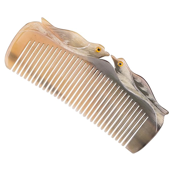 Natural Buffalo Horn Comb - Anti-Static Hair Care, Vietnamese Handmade Lovebirds Gift, Symbol of Love & Peace for Women