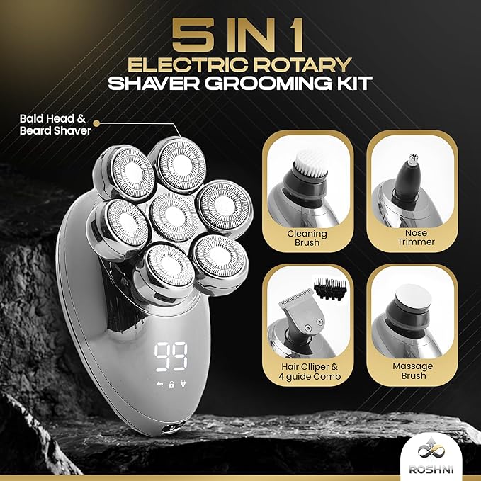 ROSHNI Head Shavers for Bald Men - Upgraded Detachable Head Shaver for Men - IPX7 Waterproof Electric Razor - 7D LED Display Rechargeable Grooming Kit with USB Charging Cable