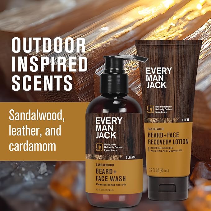 Every Man Jack Men's Beard + Face Wash & Lotion Set - Subtle Sandalwood Scent - Naturally Cleanse and Condition Your Beard & Skin
