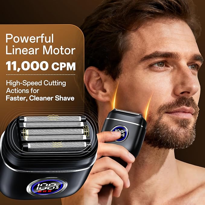 Powerful Electric Razor for Men – 5 Blade Portable Foil Shaver for Beard & Mustache Close Shave, Wet/Dry Use, Mini Cordless USB-C Rechargeable, with Gift Bag