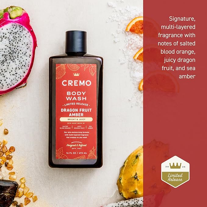 Cremo Rich-Lathering Dragon Fruit Amber Body Wash Men, Notes of Salted Blood Orange, Juicy Dragon Fruit, and Sea Amber, 16 Fl Oz