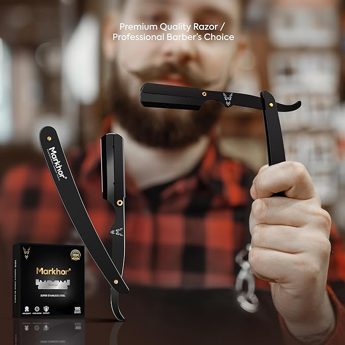 Markhor® Straight Razors for Men with 100 Single Edge Razor Blades | Matte Black Barber Straight Razor | Straight Edge Razor | Barber Razor Blade | Navajas Para Barbero