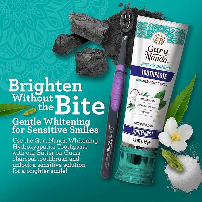 GuruNanda Butter on Gums Charcoal Toothbrush - 8000+ Softex Bristles for Sensitive Teeth & Gums, Aids in Teeth Whitening, Extra Soft (6 Count)
