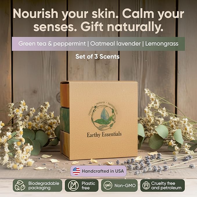 Organic Bar Soap Set – Handmade Natural Soap Bars with Essential Oils – Oatmeal Lavender, Lemongrass & Green Tea Peppermint (3.25 oz Each, 3 Bars)