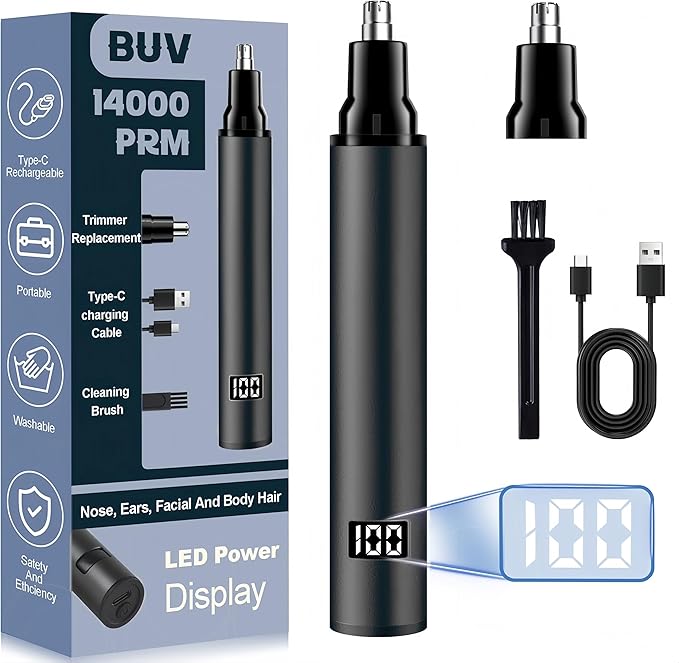 BUV Nose Hair Trimmer with LED Display- 2025 Professional Painless Ear Hair Trimmers for Men and Women, USB Rechargeable Nose Hair Trimmer Clipper – 14,000 RPM IPX7 Waterproof Dual Edge Blades, Black