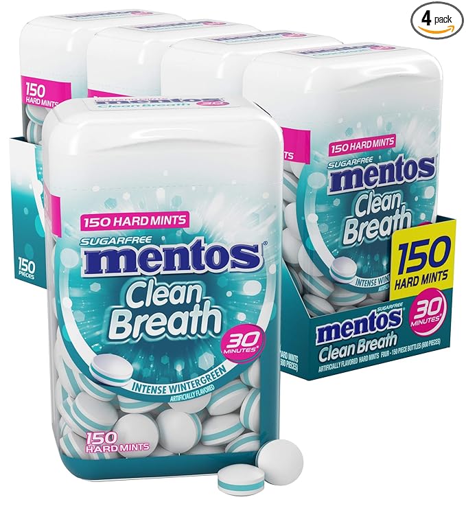 Mentos Clean Breath Hard Mints, Intense Wintergreen Flavor, Easter Candy, Easter Basket Essentials Stuffers for Kids and Adults, 150 Pieces (4-Pack)