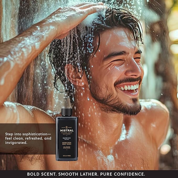 Mistral Men's Body Wash & Shampoo, Salted Gin 13.5 oz | 2-in-1 Natural Shower Gel for Men | SLS, Paraben & Phthalate Free | Natural Men’s Body Wash, Moisturizing Bath Gel - Made in France