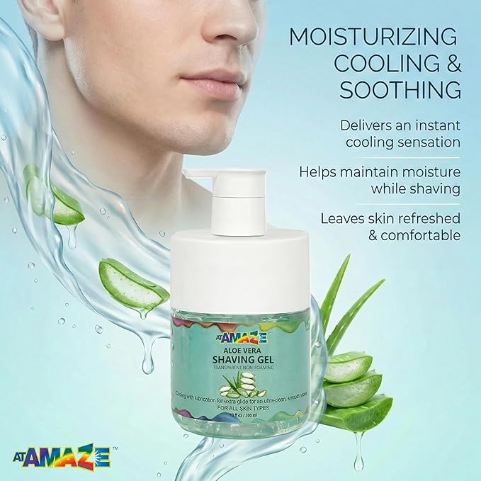Aloe Vera Shaving Gel for Men & Women – Transparent Shave Gel with Aloe Vera, Natural Moisturizing & Cooling Shave Gel for Sensitive Skin, Smooth Razor Glide, Non-Foaming.