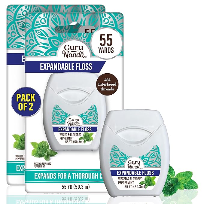 GuruNanda Expandable Waxed Dental Floss for Gentle, Deep Cleaning Wide Teeth Flossing - Peppermint Flavor - 55 Yards (Pack of 2)