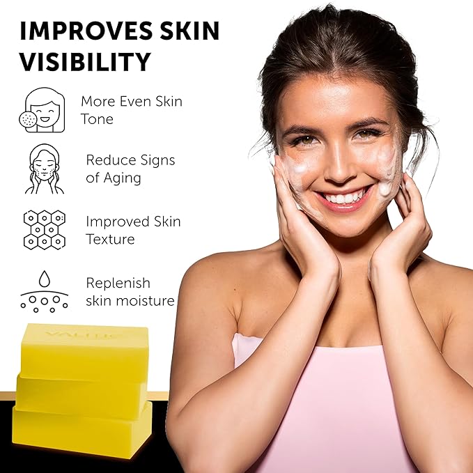 VALITIC Brightening Lemon & Turmeric Kojic Acid Soap, Vitamin C, Retinol - Original Japanese Complex with Hyaluronic Acid, Vitamin E, Shea Butter, Castile Olive Oil - 3 Pack Bundle with African Net
